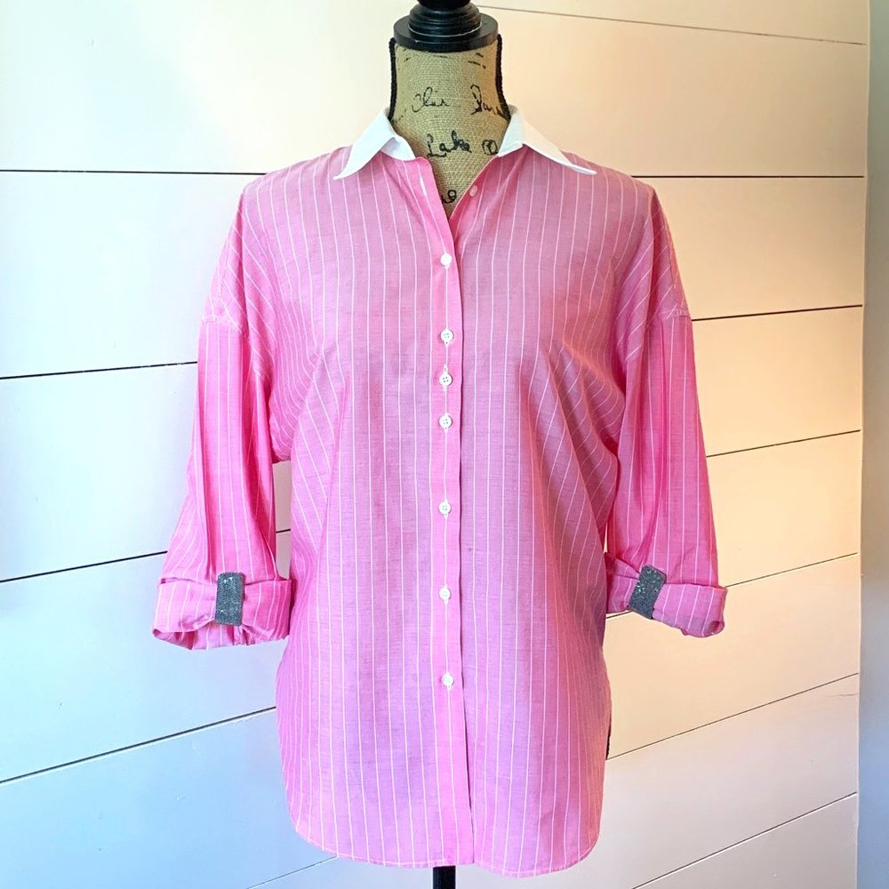 Brunello Cucinelli Pink Pinstripe Button Down Sz L